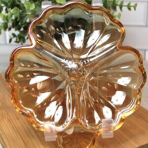 Vintage 1960's Jeannette Lustre Glass Marigold Carnival Doric Three Leaf Clover